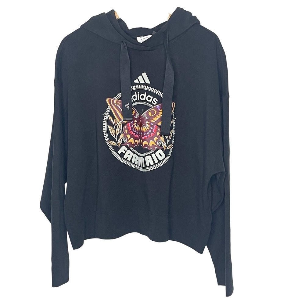 Adidas Farm Rio Butterfly Graphic Cropped Hoodie Black Teal XL